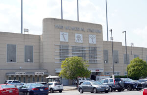 The iconic east facade of War Memorial Stadium in Little Rock. The stadium is now run by the state parks department. [shutterstock]