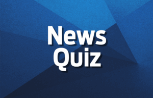 A blue geometric background with text stating News Quiz