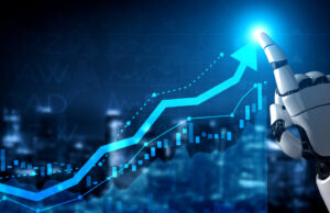 A rendering of a robot hand tracing an upward arrow, signaling growth.