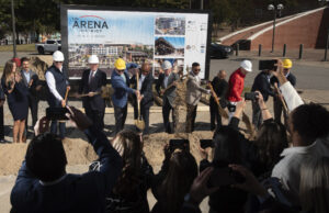 The recent groundbreaking for the Arena District, which is rising to the west of Simmons Bank Arena along Broadway Street in North Little Rock. (Steve Lewis)