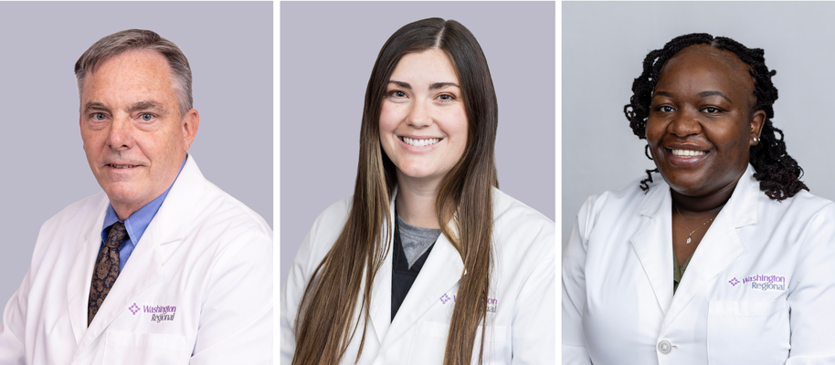 A collage of three people. On the far left, Dr. Gregory Fink, an older caucasian man wearing a Washington Regional lab coat and a blue collared shirt with a patterned tie. In the middle, Jessica Mabry, a caucasian woman with long straight brown hair wearing a Washington Regional lab coat over black scrubs. On the far right, Martha Chege, a black woman with curly braids wearing a Washington regional lab coat. 