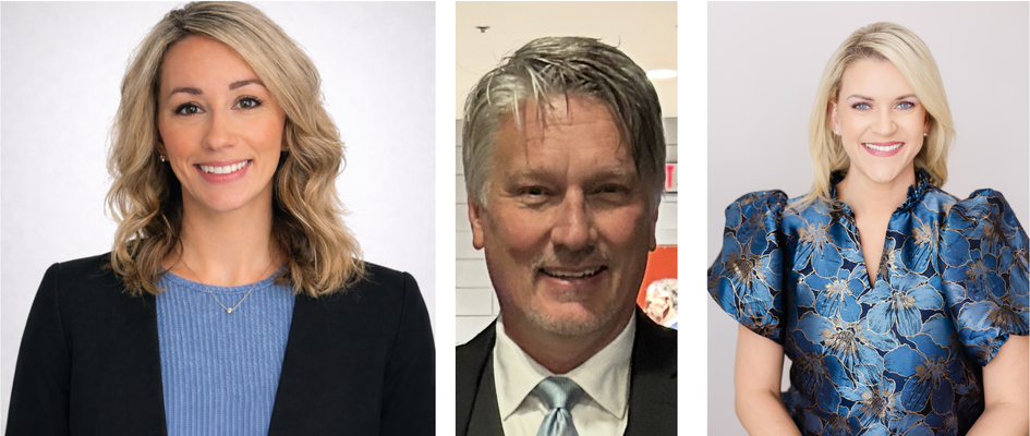 A collage of three people. On the far left, Laura Westbrook a blonde woman in a blue blouse with a black blazer on a white background. In the middle, Paul Childress, a middle-aged caucasian man with a stubble mustache in a black suit with a teal tie. On the far right, Sarah Farmer, a light blonde woman wearing a floral blue blouse on a neutral background. 