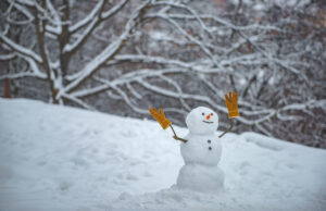 A smiling snowman with two brown gloves
