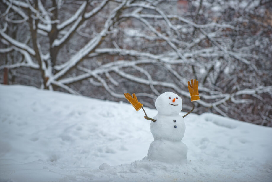 A smiling snowman with two brown gloves