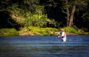 A man wearing waders, fly-fishing in a river.
