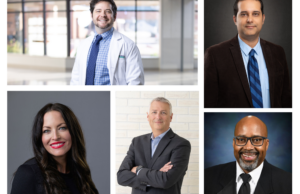 A photo collage of five people, starting with the top left, Dr. Tyeler Barker, below him, Eleise Myers and Kris Wolf. On the right, Mohammadreza Daroonparvar and Kyron Jones. Everyone is wearing professional attire.