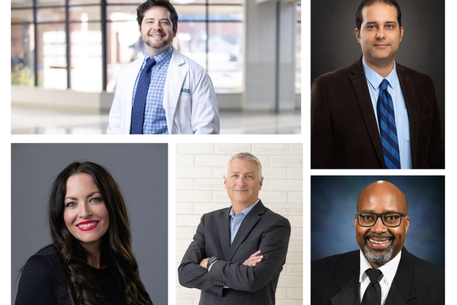 A photo collage of five people, starting with the top left, Dr. Tyeler Barker, below him, Eleise Myers and Kris Wolf. On the right, Mohammadreza Daroonparvar and Kyron Jones. Everyone is wearing professional attire.