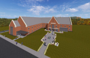 A digital rendering of an L-shaped, two-story red brick building with sidewalks and college students walking around an inner courtyard.