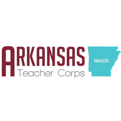 The logo for Arkansas Teacher Corps features Arkansas in maroon and a teal outline of the state with "Teach." in the middle
