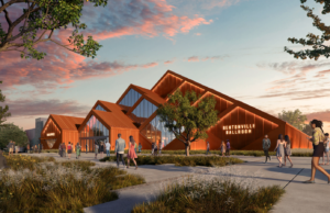 A digital rendering of a modern wooden venue with triangle roofing