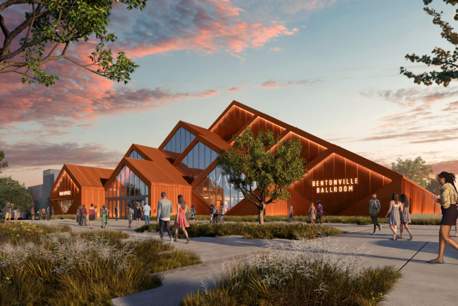 A digital rendering of a modern wooden venue with triangle roofing