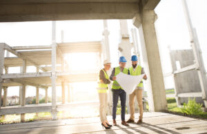Three architects and construction workers are looking at a blue print in a half-built building.